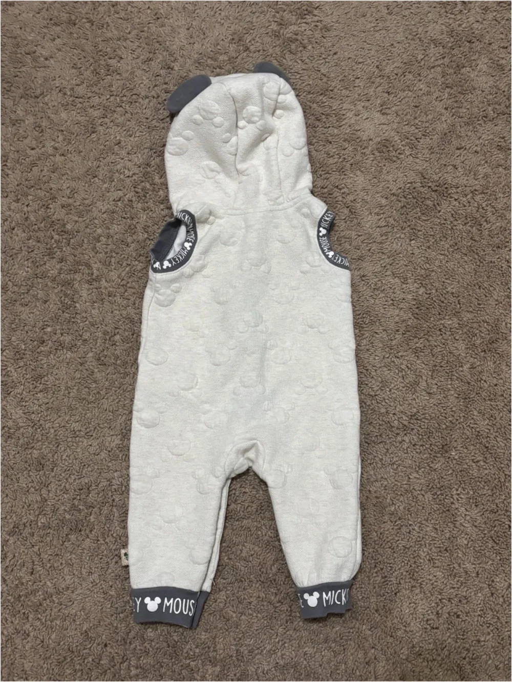 Disney Cream and Gray Mickey Hooded Infant Romper